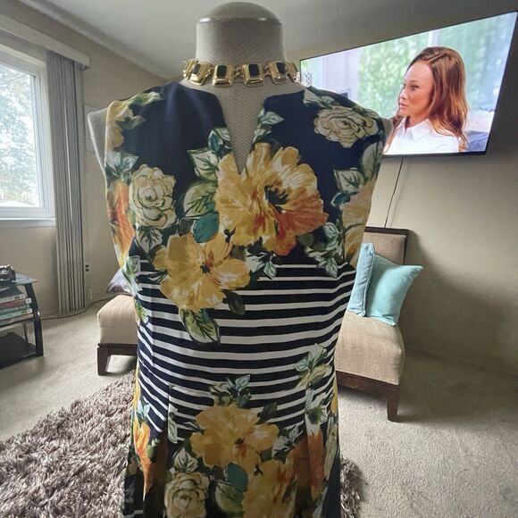 DB Estb 1962 Navy White Yellow Spring Summer Floral Striped Pleated Dress Sz 16 - Picture 2 of 15